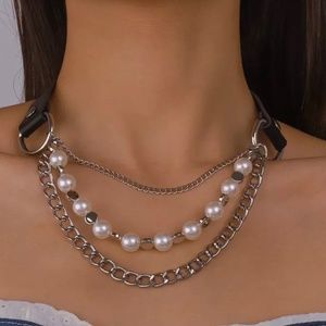 Faux Pearls Layered Chain Necklace Choker